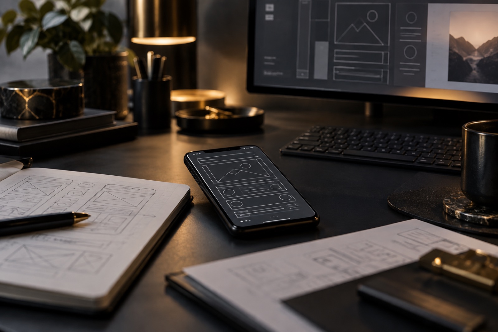 A product development desk with interface sketches and a phone