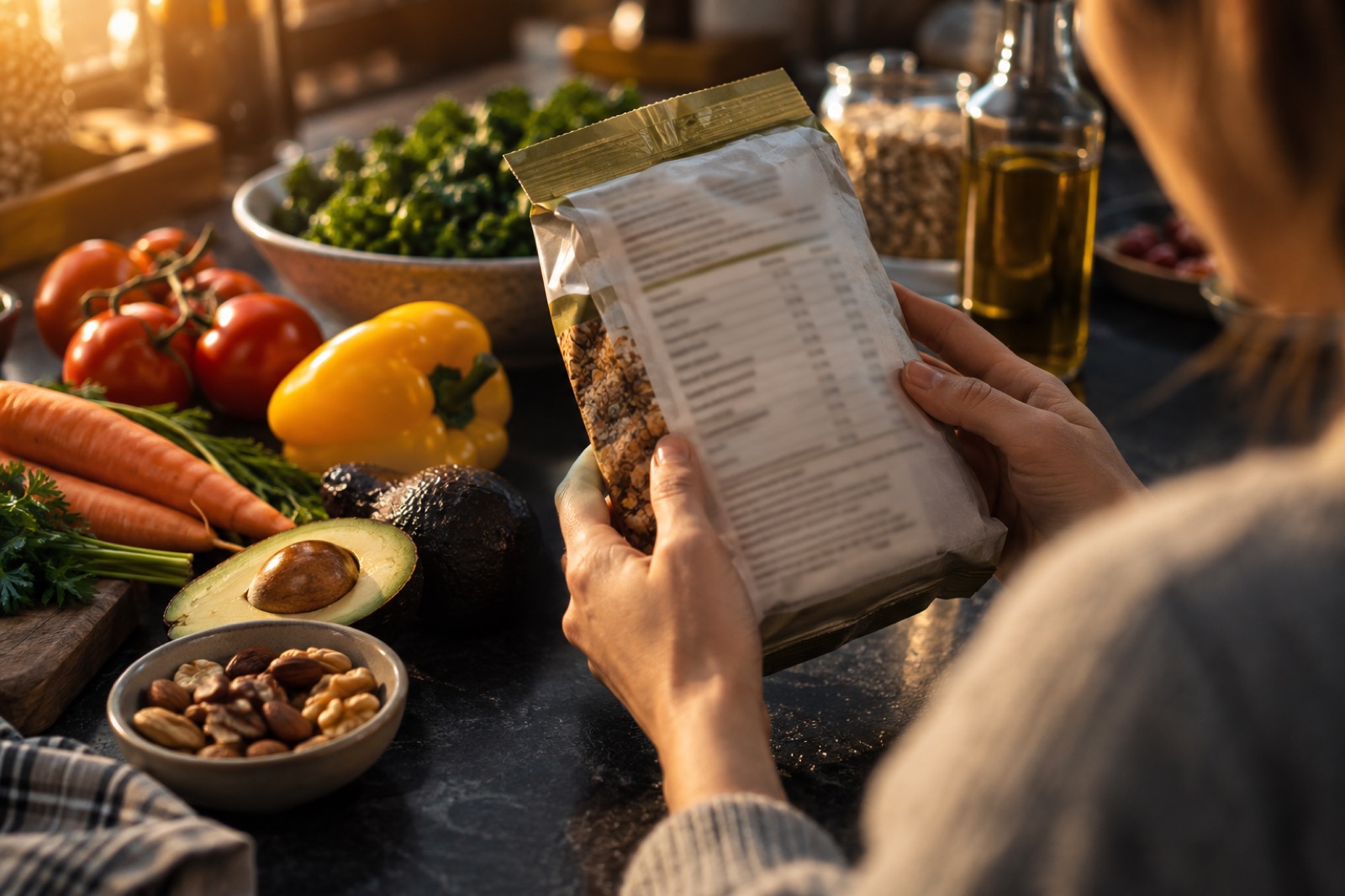 A person comparing an ingredient label with fresh food