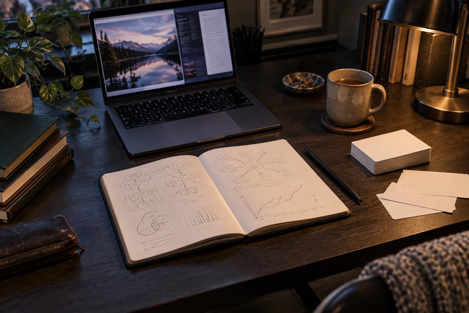 A study desk with notebooks, flashcards and a laptop