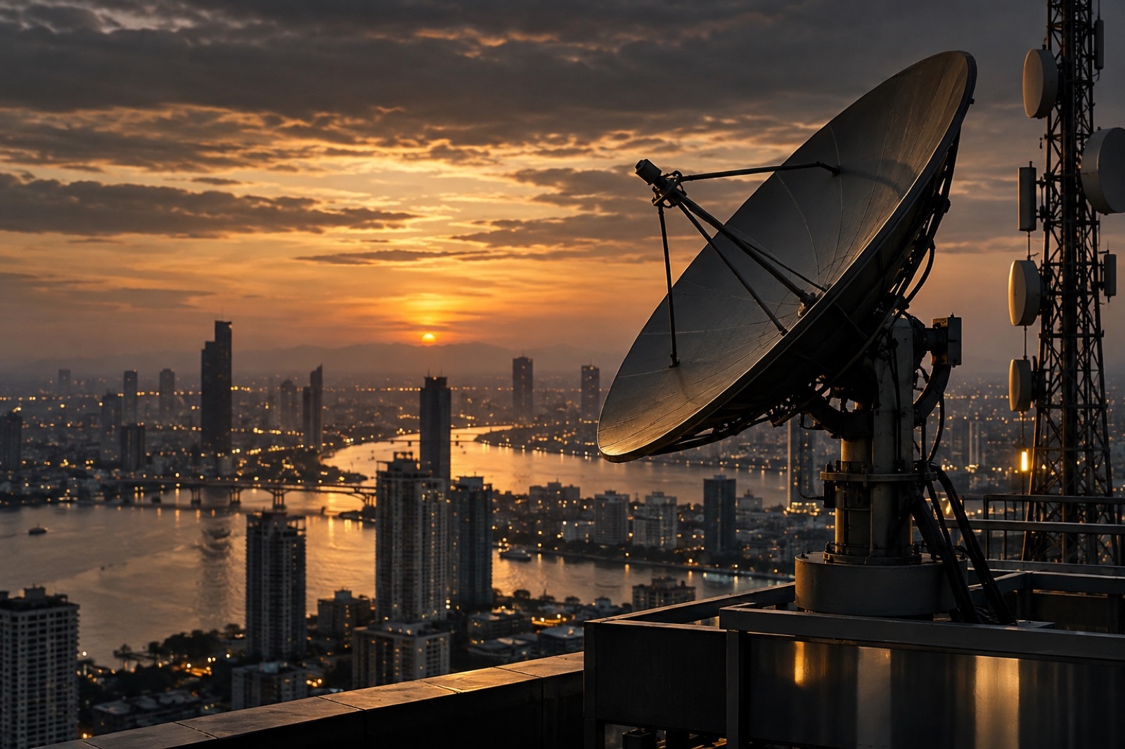 Communications infrastructure overlooking a city at twilight